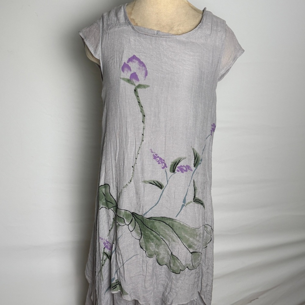 Hand Painted Floral Handkerchief Hem Gauze Dress Lavender Grey M Boho